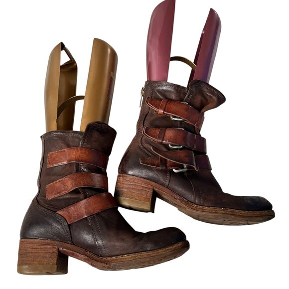 A.S 98 Xyrus boots two toned brown leather EU 38 block heel moto biker buckles - Picture 7 of 11